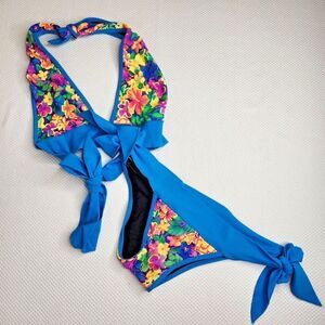 Strings By Judith Custom Bikini Swim Suit S Blue Tropical Flower Scrunch Butt